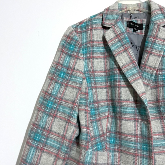 TALBOTS Wool Blend Grey, Coral & Turquoise Plaid Shetland Blazer - Picture 5 of 11